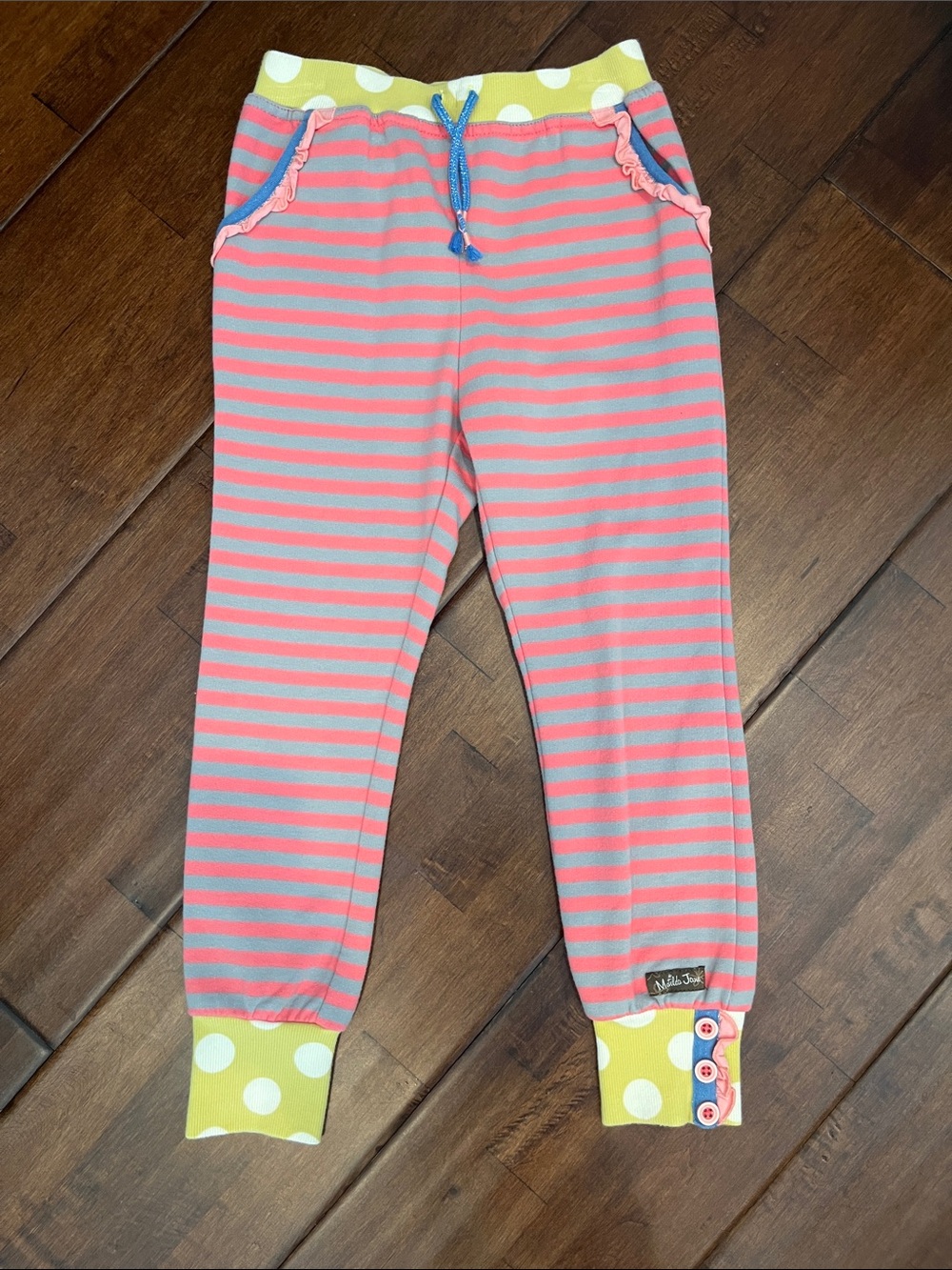 Matilda Jane Coral & Gray Stripe Pants with Lime Polka Dot Cuffs